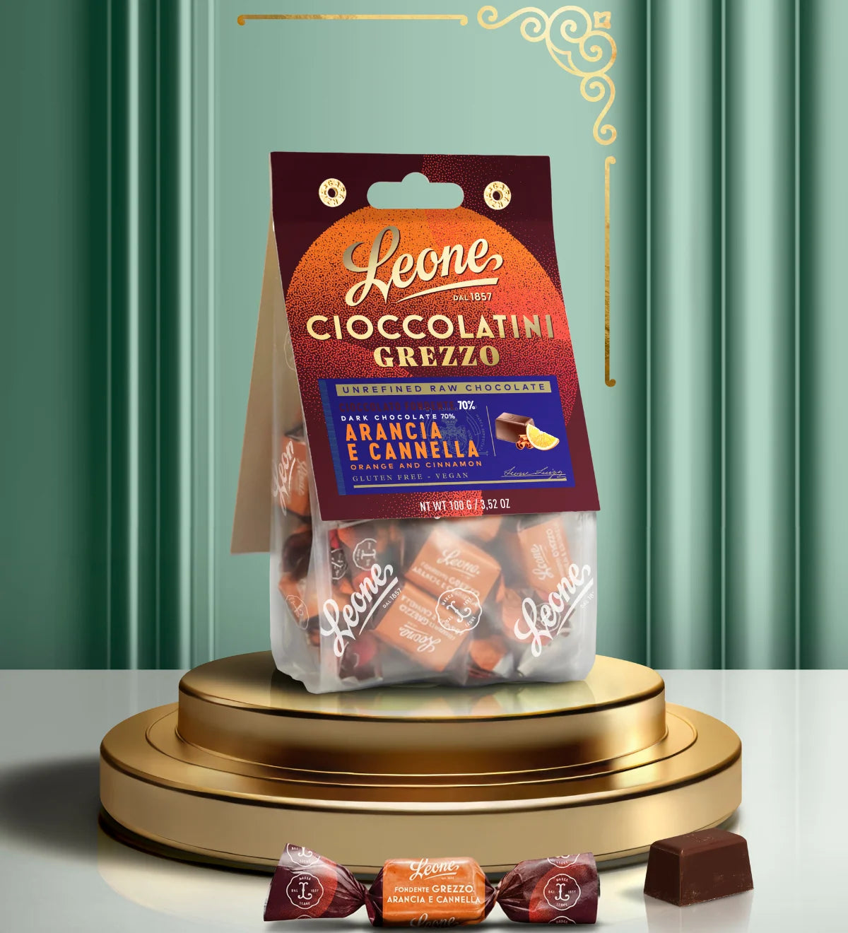 LEONE Sacchetto Cioccolatini Grezzo Arancia e Cannella 100g