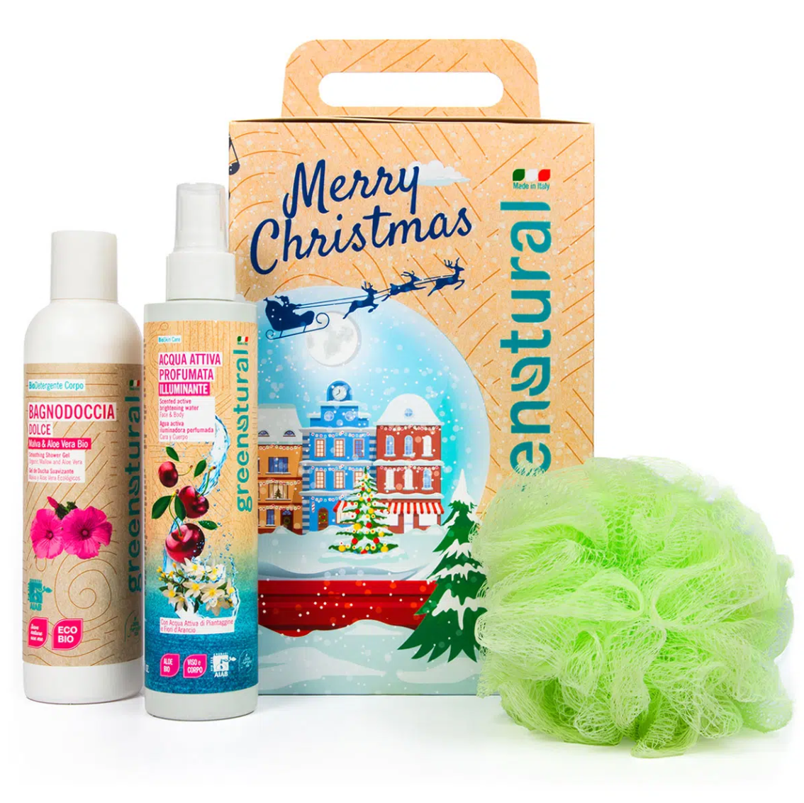 GREEN NATURAL Xmas Beauty Snowball - Bagnodoccia + Acqua illuminante + Spugna