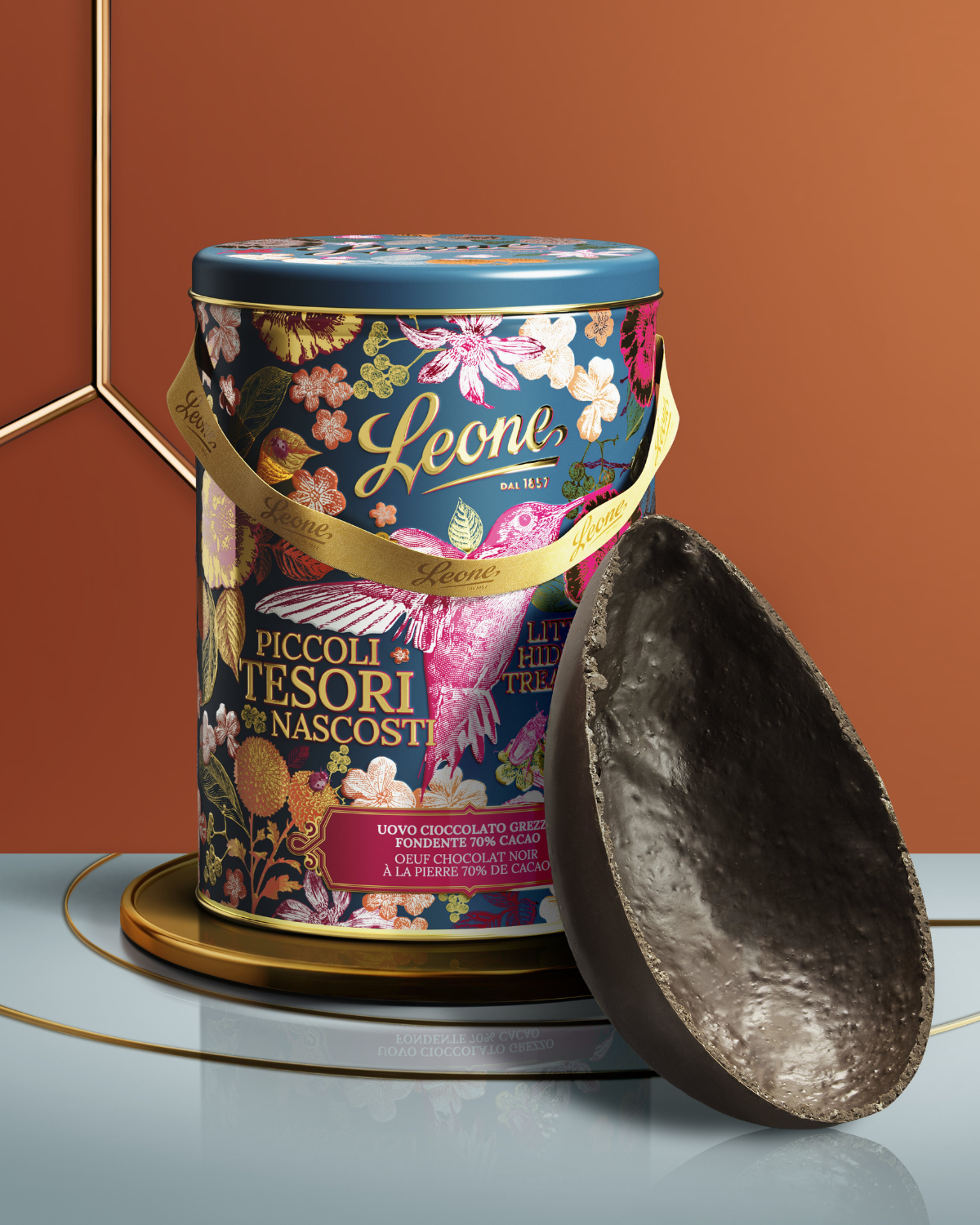 LEONE Collezione Giardino Segreto Uovo Cioccolato Grezzo Fondente 70% 350g in latta